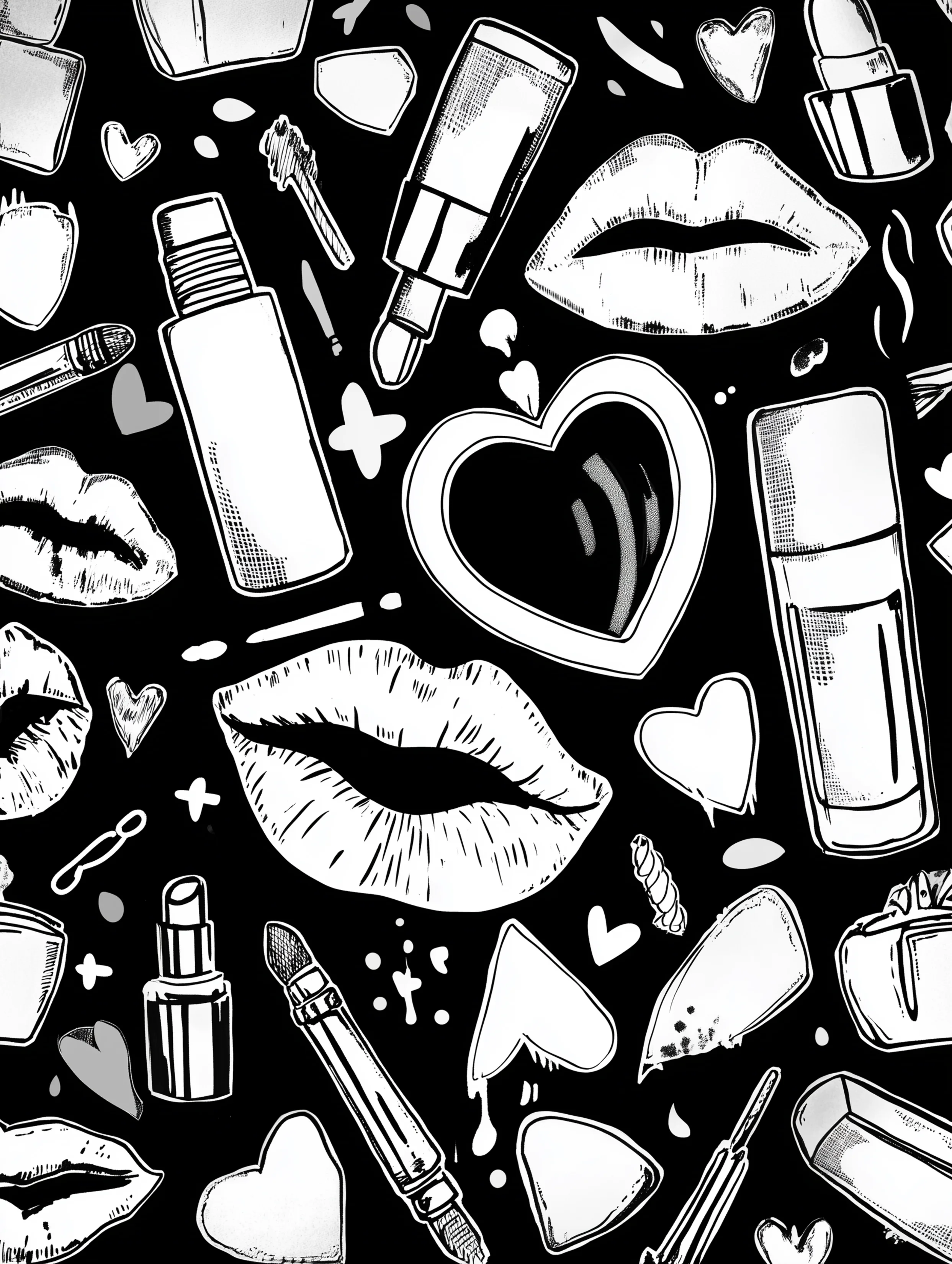 Free printable makeup coloring page for adults featuring lipstick and nail polish